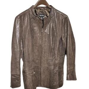 Maggie Barnes Vintage Womens 14/16W Brown Leather Zip Jacket Snake Print Lined